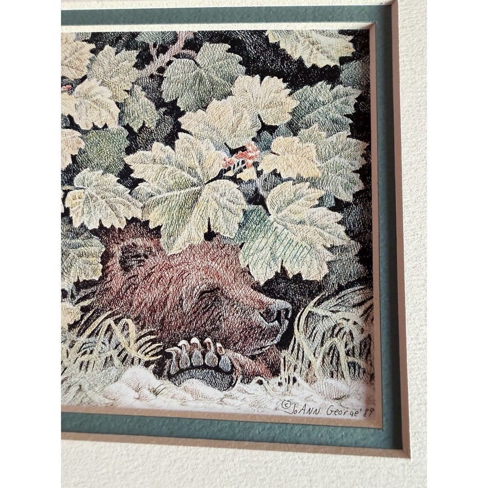 Jo Ann George 1989 signed colored pencil drawing of a bear in foliage